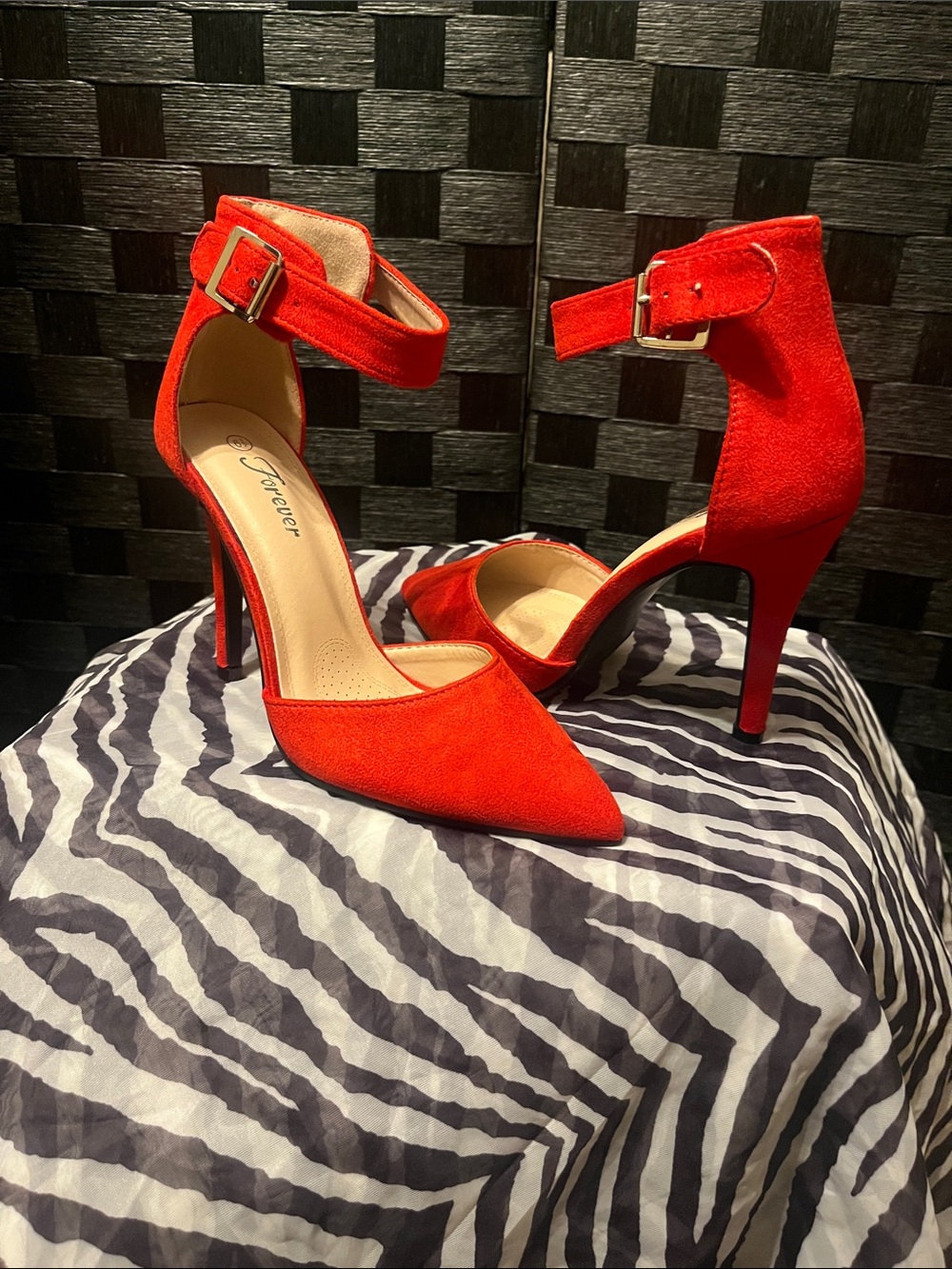 Red Ankle-Strap Pointed-Toe Heels New Without Tag